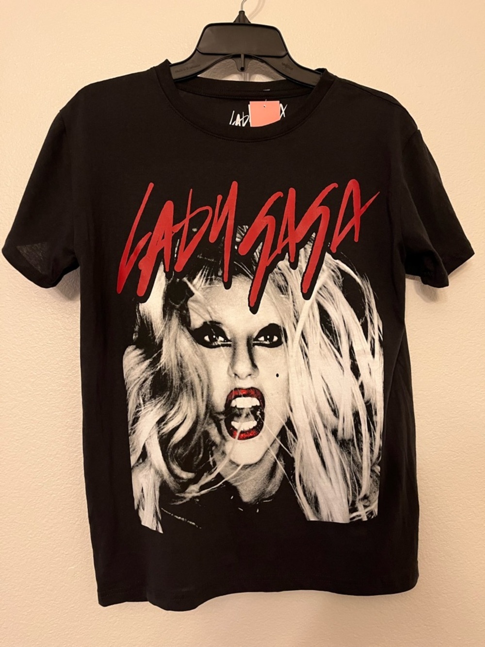 Lady Gaga Black Graphic Tee with Red Script